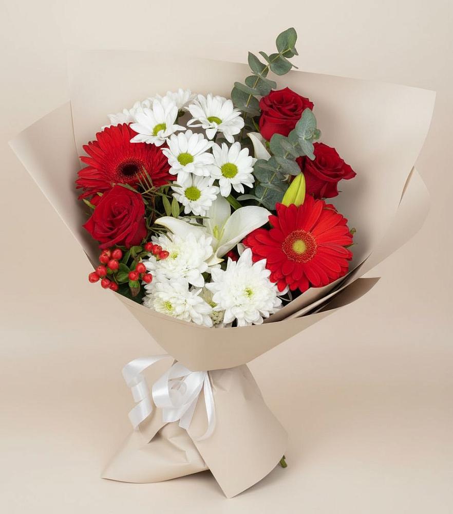 Букет цветов из: Розы, Хризантемы, Герберы и Лилии в Мучкапский
