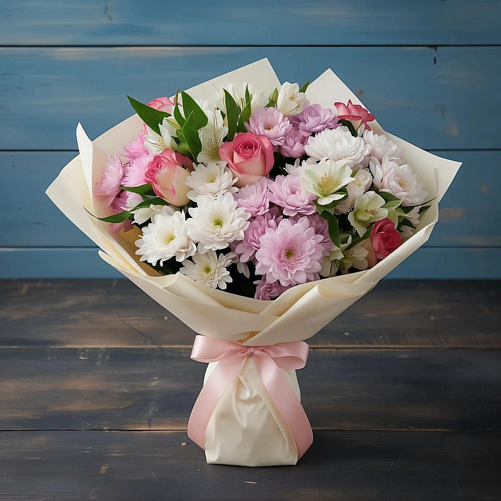 Букет цветов из: Хризантемы, Альстромерии и Розы в Мучкапский